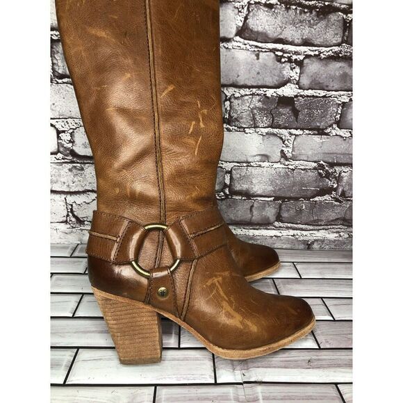 Frye Tan Brown Leather Harness Side Zipper Heel Boots Women Sz 6M US/37EU - Picture 11 of 15